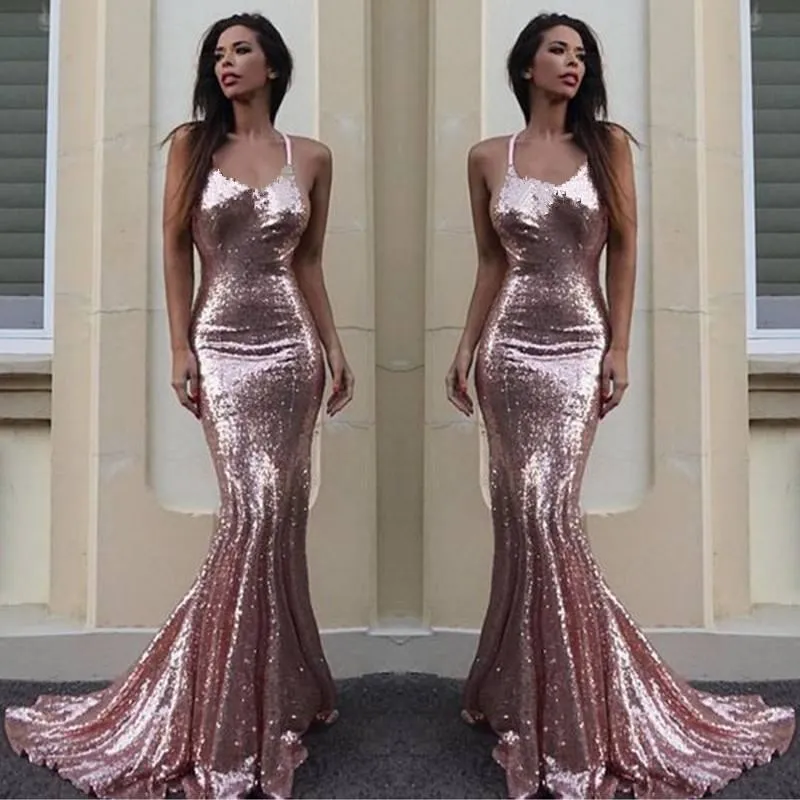 Rose Gold Mermaid Evening Dresses 2020 Sexy Halter Sequins Long Prom Dresses Formal Party Wear Cheap Robe de Soiree