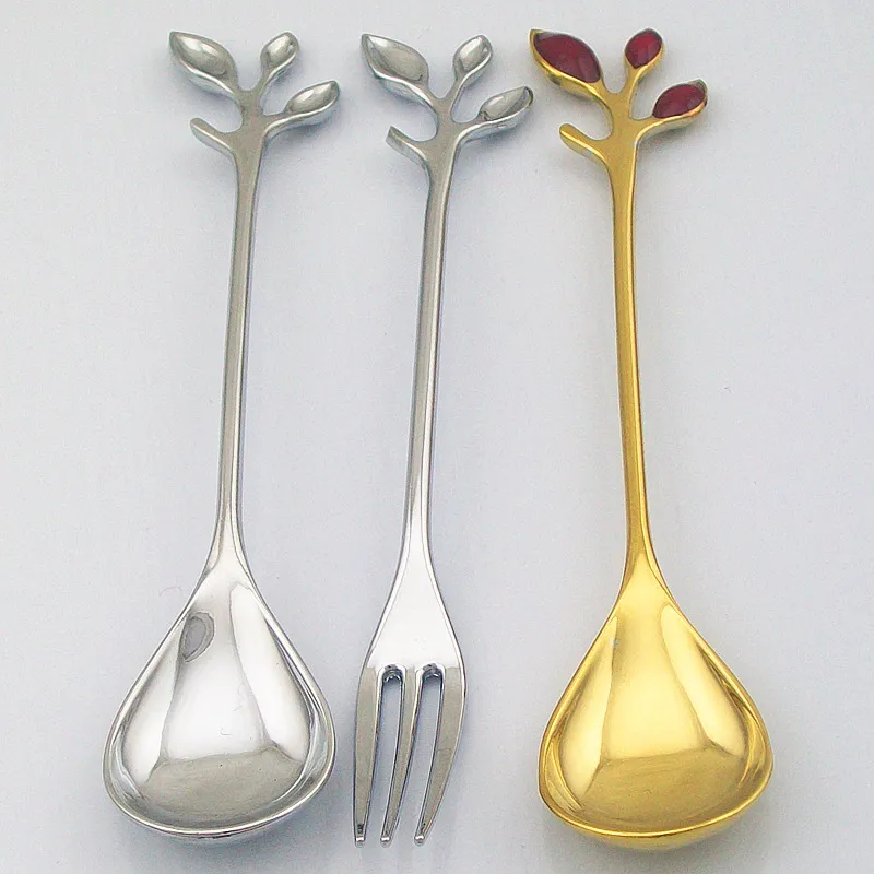 Kitchen Dining Bar Fashion Alloy Leaves Shaped Design Gold Silver Coffee Spoon Flatware Cutlery Dessert Spoon