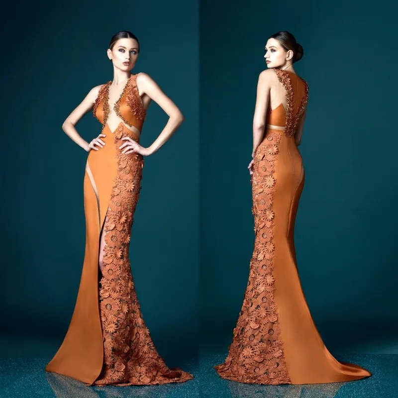 Charmante robe de bal de couleur ocre décolleté plongeant appliques sans manches robe de tapis rouge 2017 sexy jolie femme robes de soirée sirène