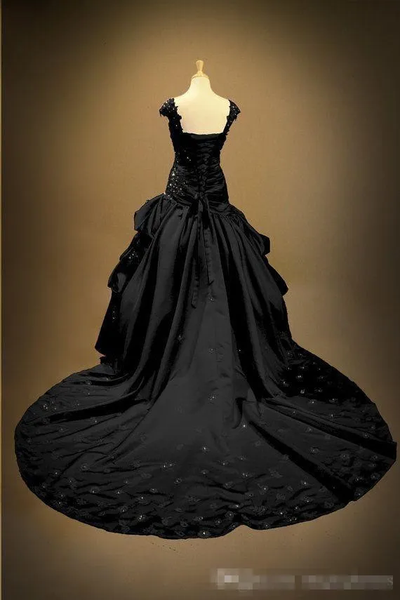 Custom Black Satin Ball Gown Gothic Wedding Dresses Sweetheart Cap ...