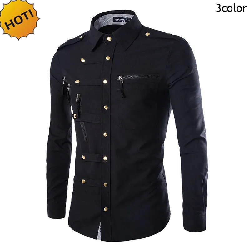 New2017 Moda Outono Camisa Masculina Lazer dos homens de manga longa Camisas Fivela Multi Bolso Com Zíper Slim Fit Mens Camisas de Vestido