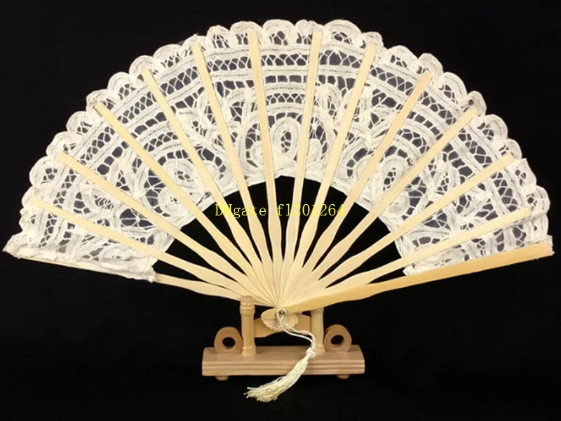 20 stks / partij snelle verzending 27cm wit handgemaakte vouwen vintage geborduurde kant hand fan bruiloft bruid fan dans fan