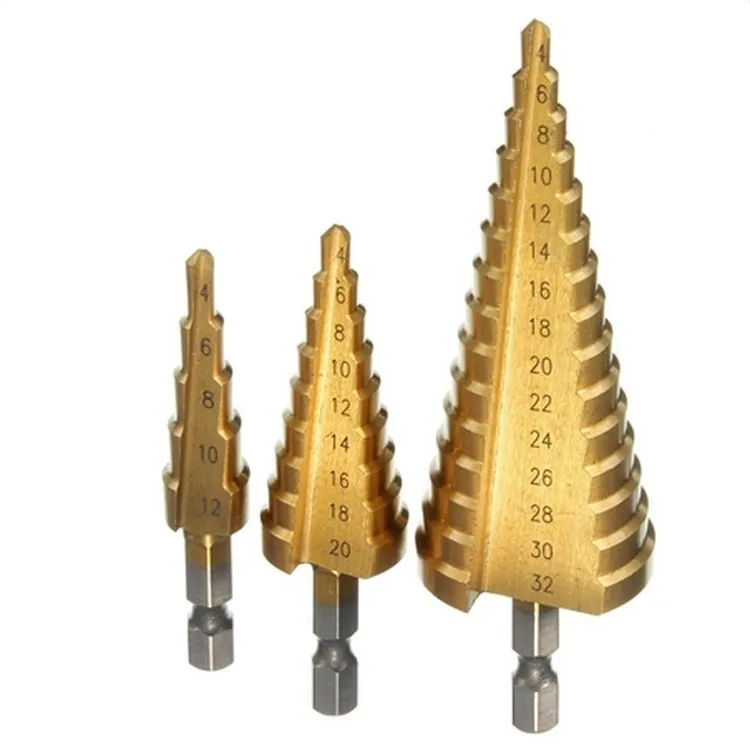 Hot Bolo HomeGarden Grande Aço HSS Passo Cone Broca Titanium Bit Set Buraco 4-12 / 20 / 32mm E00646