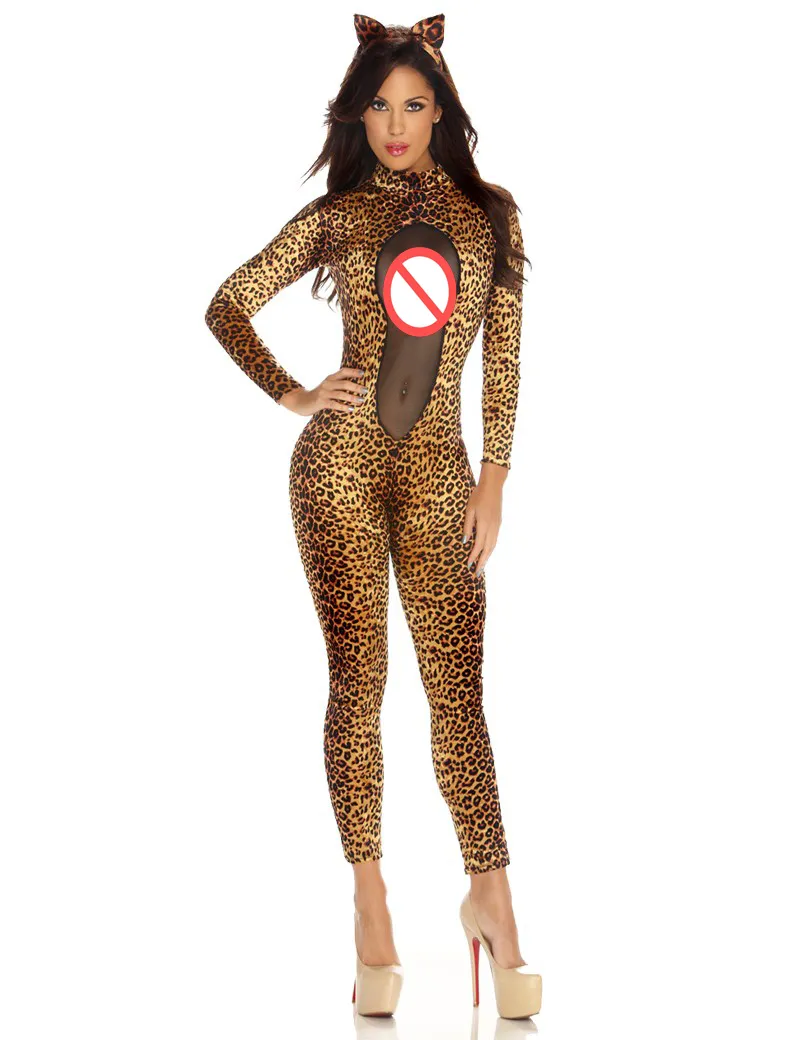 Costume da donna sexy in rete catsuit leopardato aderente tuta slim catwoman tuta costume cosplay festa a tema gatto di Halloween