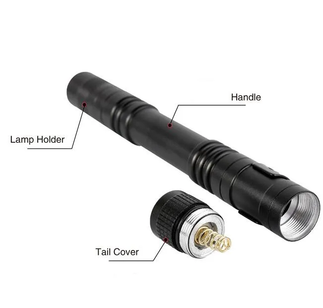 LED Flashlight Outdoor Pocket Portable Torch Lamp 1 Mode 300LM Pen Light Waterproof Penlight with Pen Clip13.3CM