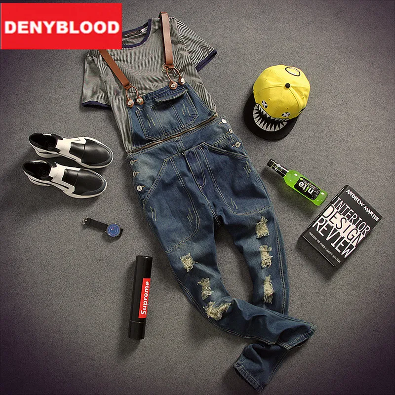 Wholesale-Mens Distressed Jeans Ripped Jumpsuit Denim Overalls Men Baggy Cargo Pants with Suspenders Denim Bib Overalls For Men K121