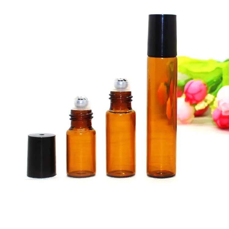 5ML 1/6 oz Vidro Âmbar Roll On garrafa reutilizável Essencial Perfume Oil metálica Roller Ball Roll On Black Bottle viagem Cap portátil