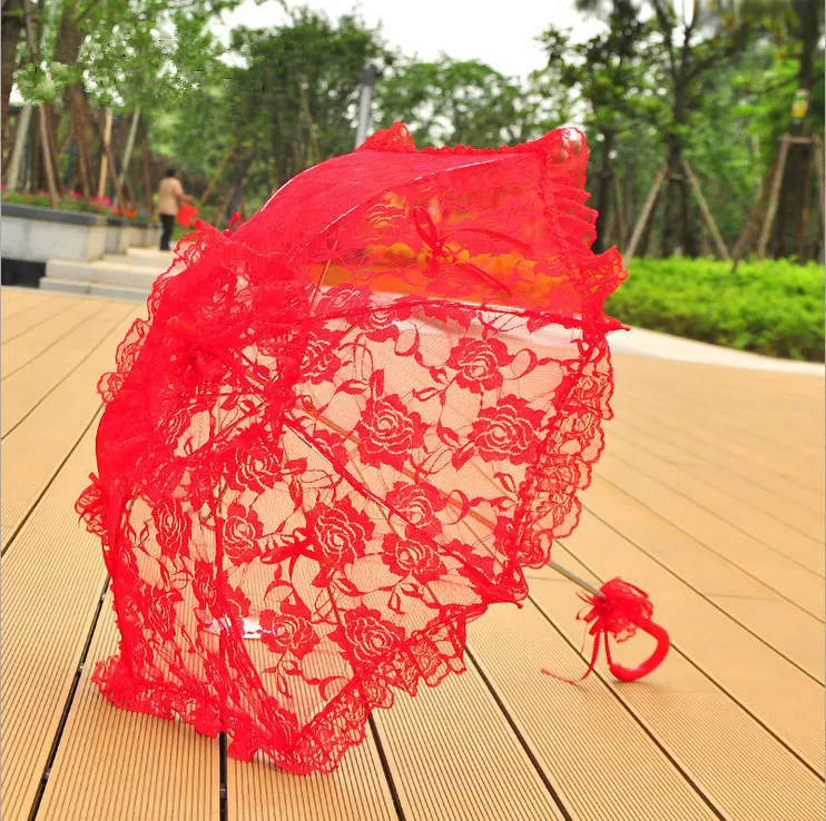 Rouge nuptiale mariage Parasols dentelle broderie parapluie scène Performance fête cadeaux souvenir fête décoration photographie accessoires parapluies