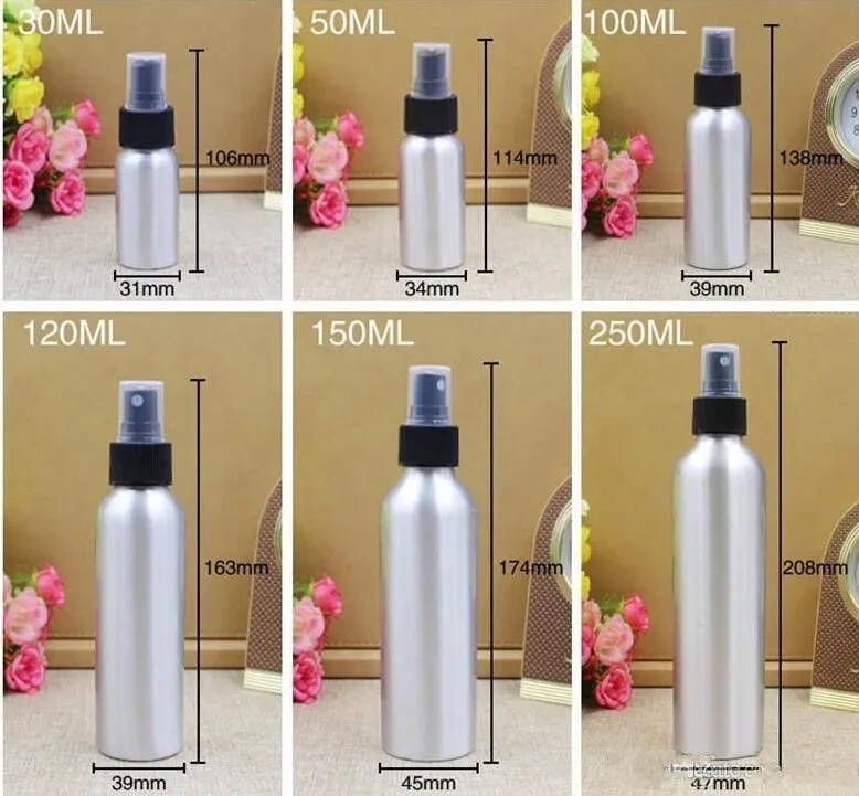 Flacone spray in alluminio Nebbia fine Atomizzatore Bottiglie spray profumo vuote Contenitore imballaggio cosmetico 30/50/100/120/150 / 250ml