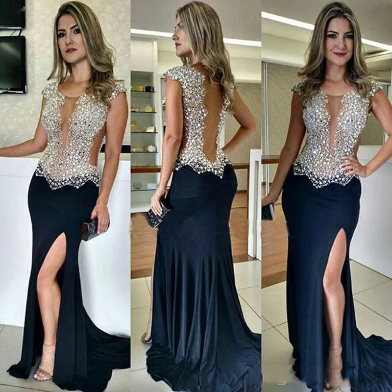 Shinning Beaded See Through Afton Dresses 2017 Dark Navy Side Split Mermaid Prom Klänningar Sheer Back Celebrity Cocktail Party Gowns