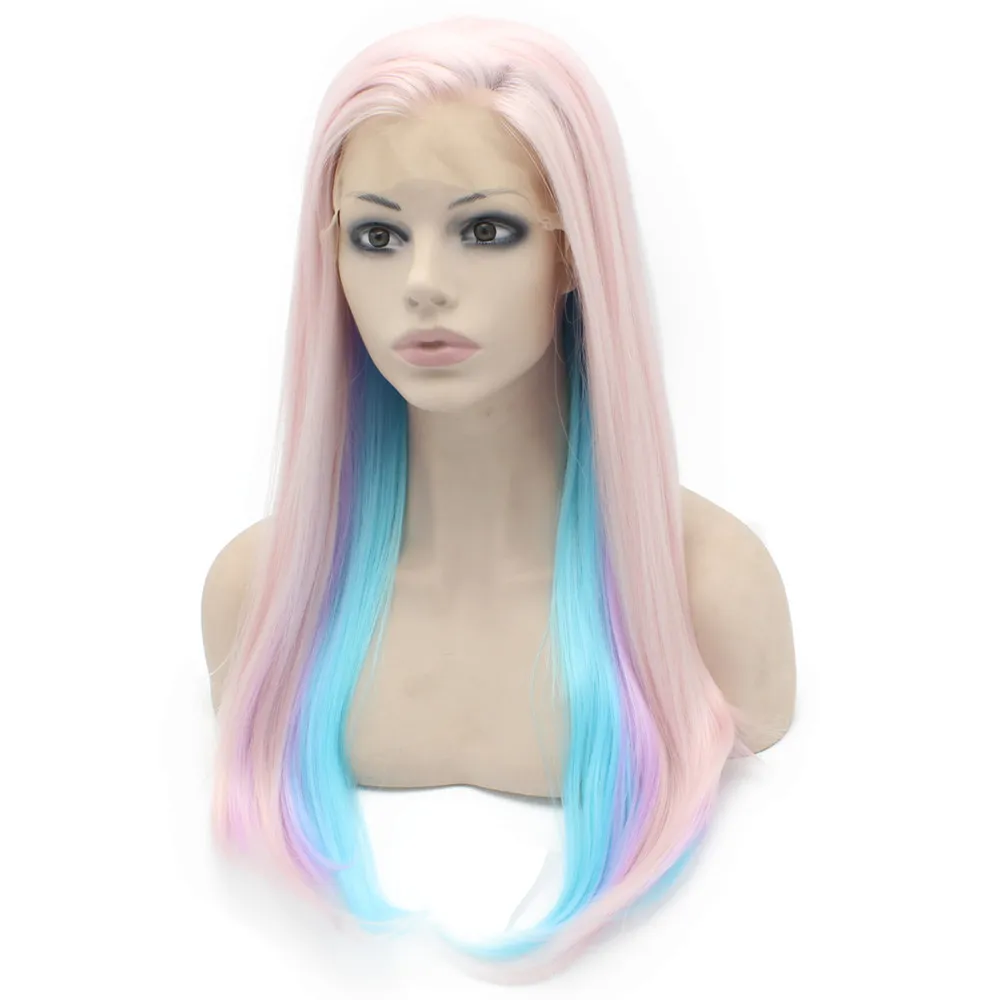 24" Long Baby Pink Blue Straight Heat Friendly Synthetic Hair Lace Front Three Tone Wig S02