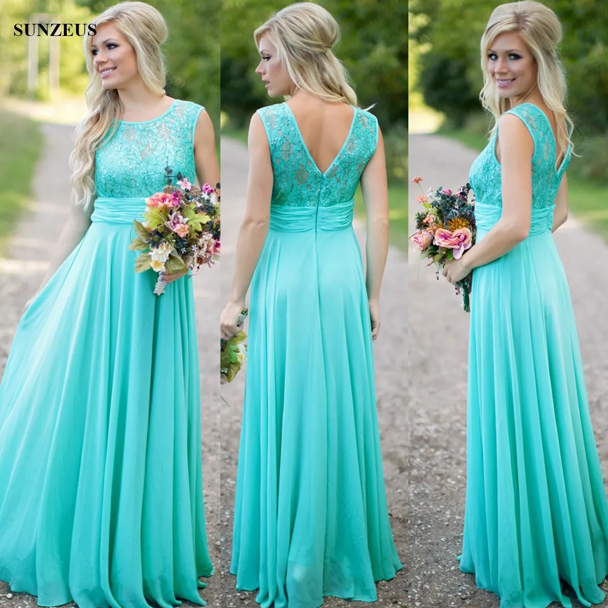 Vestidos de dama de honor de gasa turquesa Lentejuelas Top de encaje Vestidos largos de fiesta de boda Ropa formal vestido color turquesa