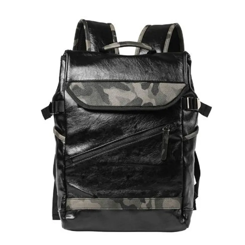 Nieuwe heren pu lederen rugzak zwart dagelijkse rugzak grote capaciteit coole camouflage mannen pu lederen rugzak laptop tas out303