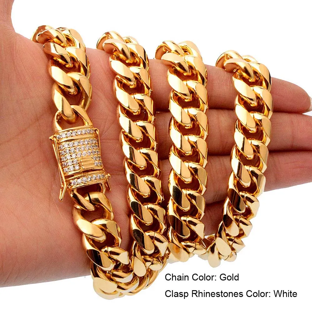 Aço inoxidável 18k banhado a ouro dragão fecho de trava com strass colar de link cubano para homens cadeia de correntes jóias 15mm de largura 22 