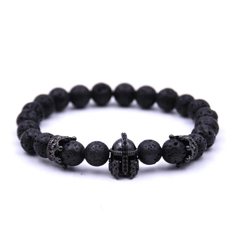 Groothandel nieuwe Romeinse helm armband mannen jongen zwarte lava rock steen kroon kralen energie armbanden sieraden kerstcadeau