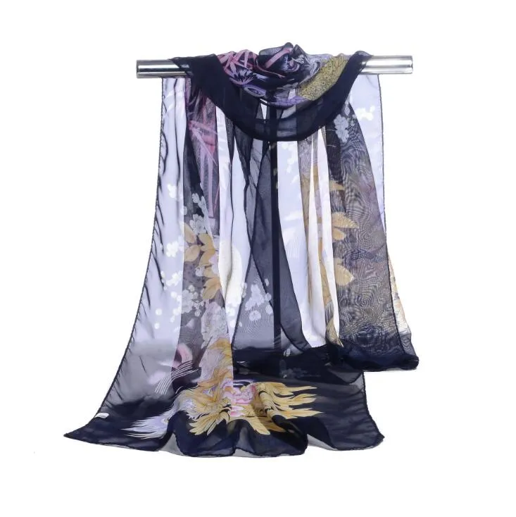 Factory Wholesale Amazing Fashion Chiffon Scarfs Shawls Sarongs Lucky Peacock Pattern Muffler Printed Scarves Beach Covers