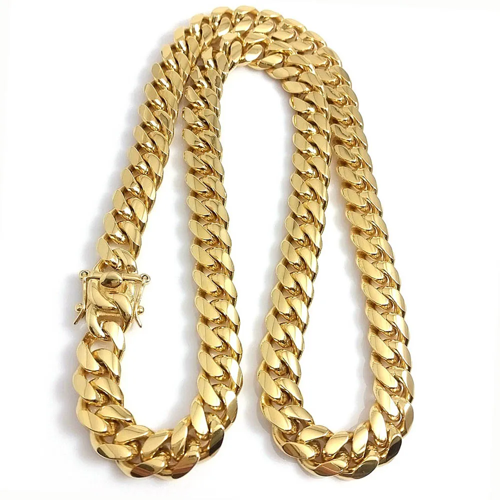 Stainless Steel Jewelry 18K Gold Plated High Polished  Cuban Link Necklace Men Punk 14mm Curb Chain Dragon-Beard Clasp 24