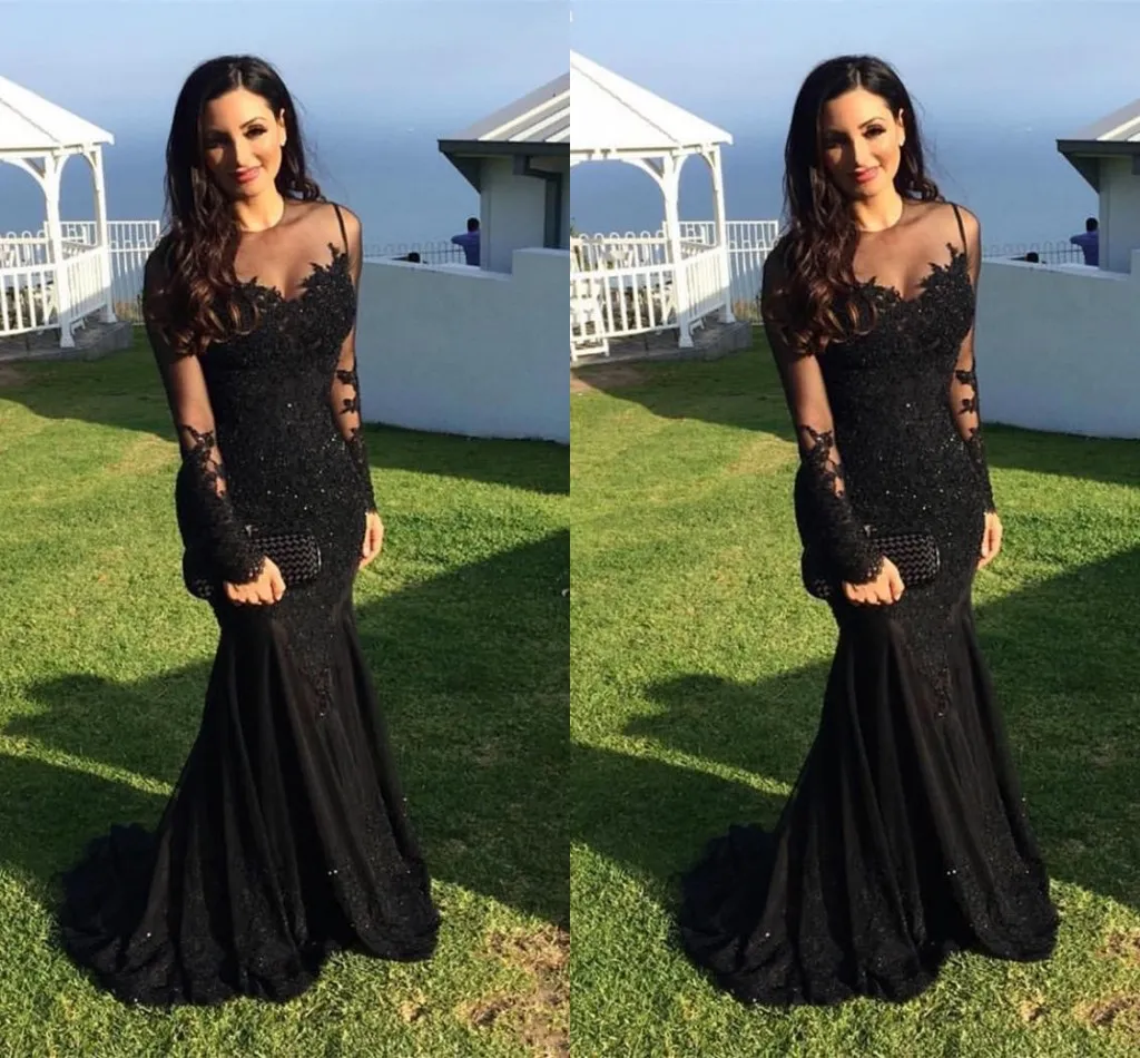 Abendkleider 2018 Sexy Arabisch Jewel Neck Illusion Spitze Applikationen Kristall Perlen Schwarz Meerjungfrau Lange Ärmel Formales Partykleid Ballkleider