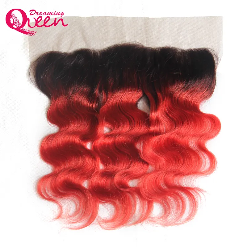 T1B Red Body Wave Ombre Capelli umani vergini brasiliani tesse 3 pacchi con 13x4 orecchio a orecchio nodi candeggiati chiusura frontale in pizzo con 7828025