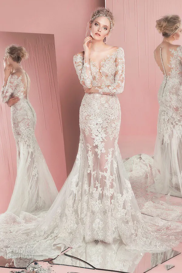 Luxury Zuhair Murad Wedding Dress 2017 Stylish Sexy See Through Mermaid Bridal Dress Sheer Scoop Lace Applique Long Sleeves Wedding Gowns