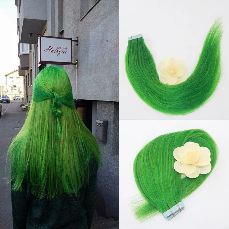 Jade Green Remy Rechte Tape in Hair Extensions 20pcs / Set Naadloze PU-tape in huid inslag goedkoop menselijk haar