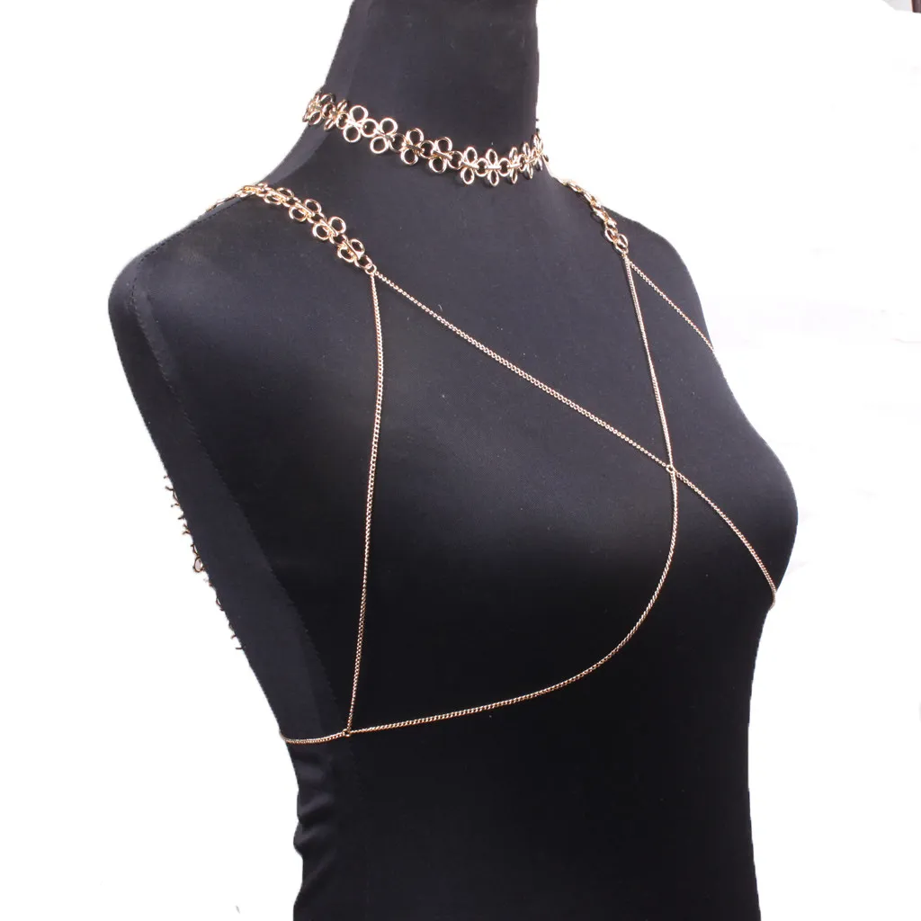 Women Brand Sexy Metal Knot Chains Bra Slave harness Body Chains Chokers Necklace Punk Body Jewelry Bikini Beach Belly chains Accessories