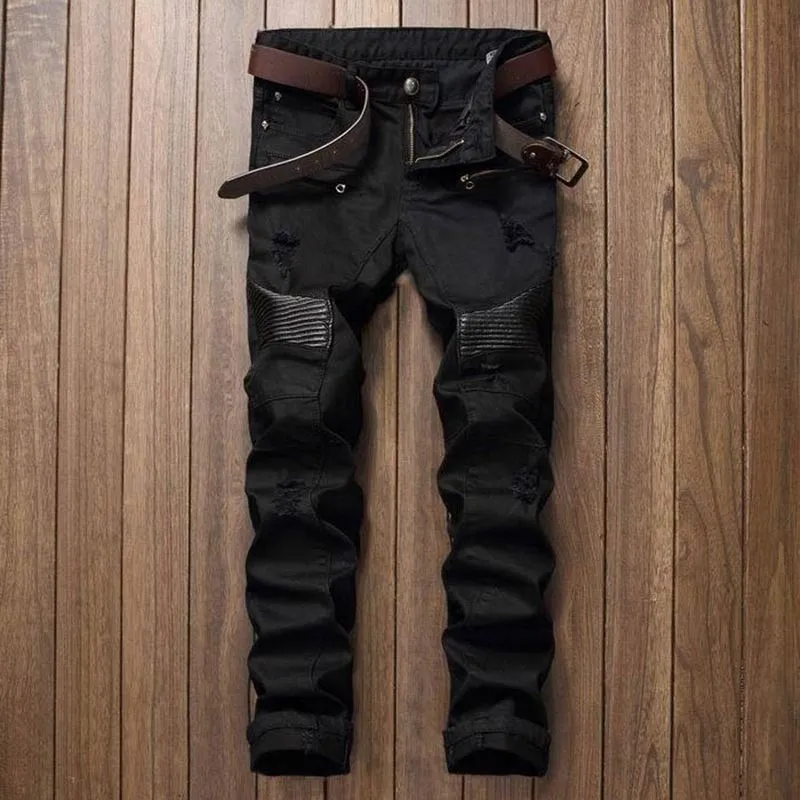 Fashion Mens Ripped Biker Jeans Leather Patchwork Slim Fit Black Moto Denim Joggers For Male Distressed Jeans Pants