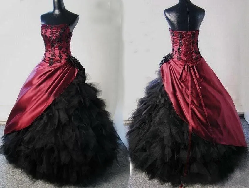 Vintage noir et rouge robe de bal gothique robes de mariée Halloween bordeaux appliques à volants tulle corset robes de mariée sur mesure