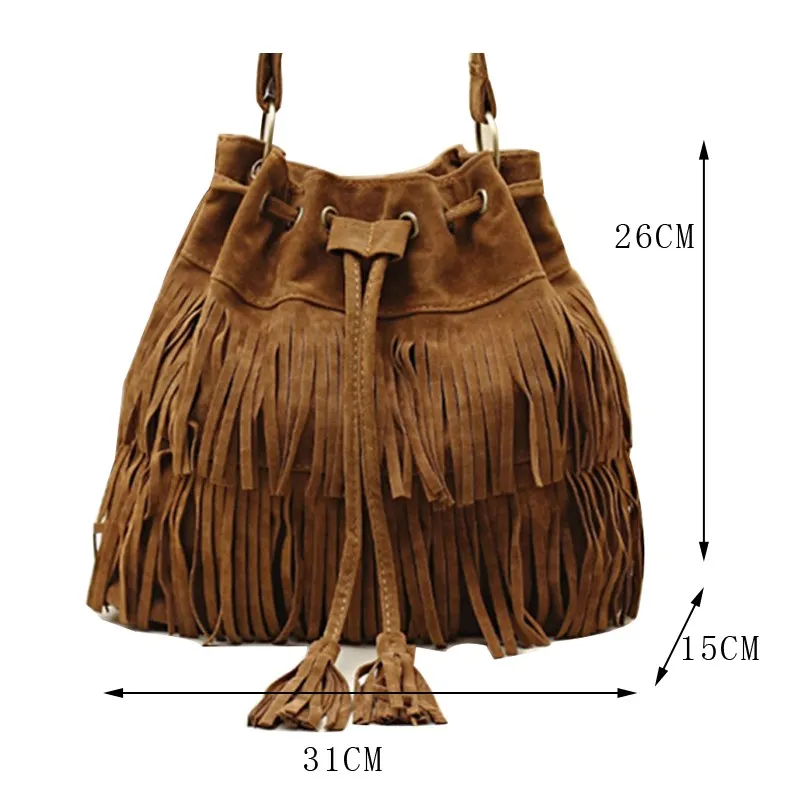 New Fashion 2017 Suede Drawstring Bucket Bag Women Handbag Faux Fringe Tassel Shoulder Crossbody Messenger Bag Boho Style 206n