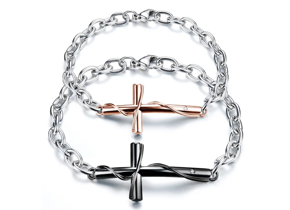 High Quality Fancy Love's Jewelry Stainless Steel Lingering Love Cross Charms Bracelet Oval Chain Black & Rose Gold