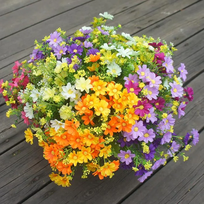 Groothandel-7 tak/boeket 28 koppen schattige zijden madeliefje kunstmatige decoratieve bloem bruiloft bloemen boeket thuiskamer tafel decoratie