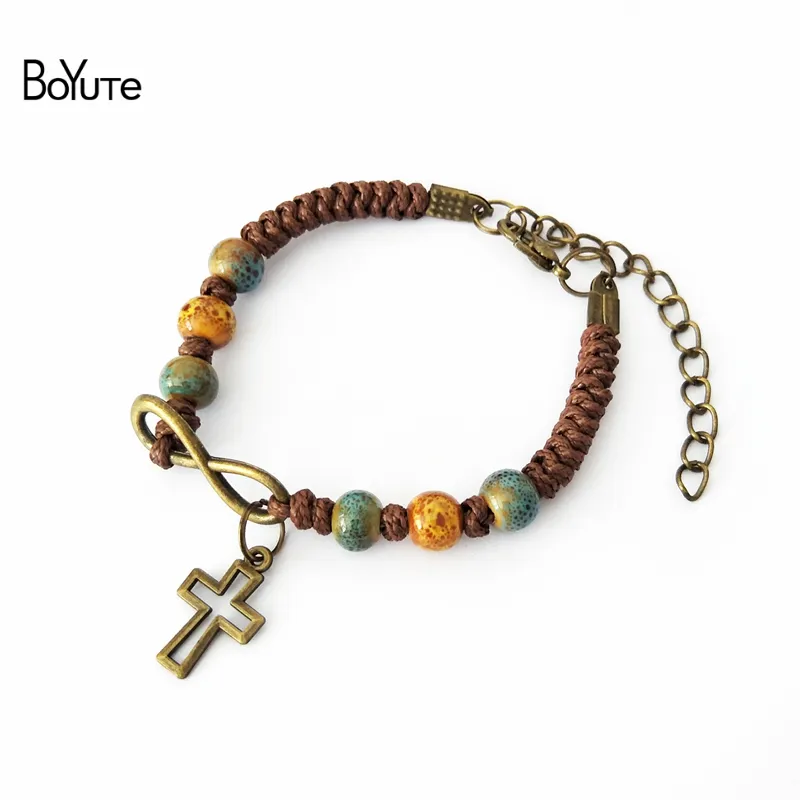 BoYuTe 5 pièces Vintage tricoté à la main corde réglable chaîne croix Bracelet en céramique perle Bracelet à breloques femmes bijoux de mode