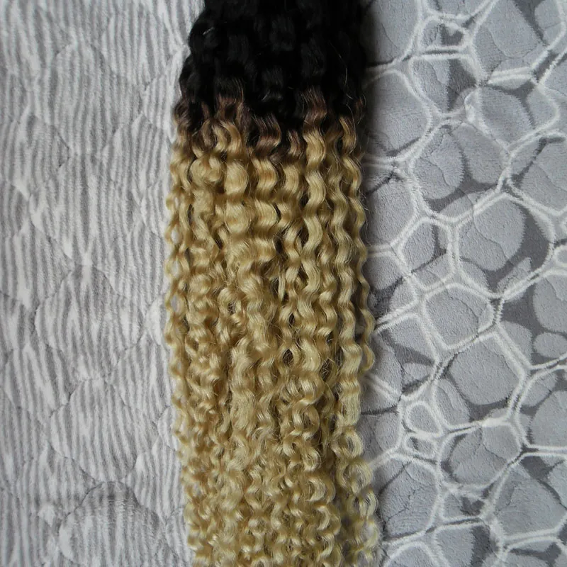 Ombre Weave Blonde T1B / 613 Malaysisches Jungfrau-Haar verworrenes lockiges Webart-Menschenhaar 100g Malaysisches verworrenes lockiges Jungfrau-Haar 