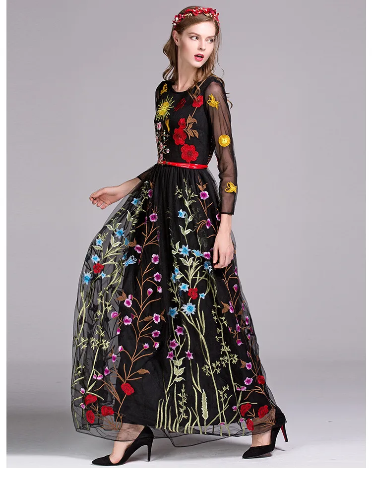 2019 Women`s O Neck 3/4 Sleeves Floral Embroidery Layered Elegant Party Prom Long Runway Dresses