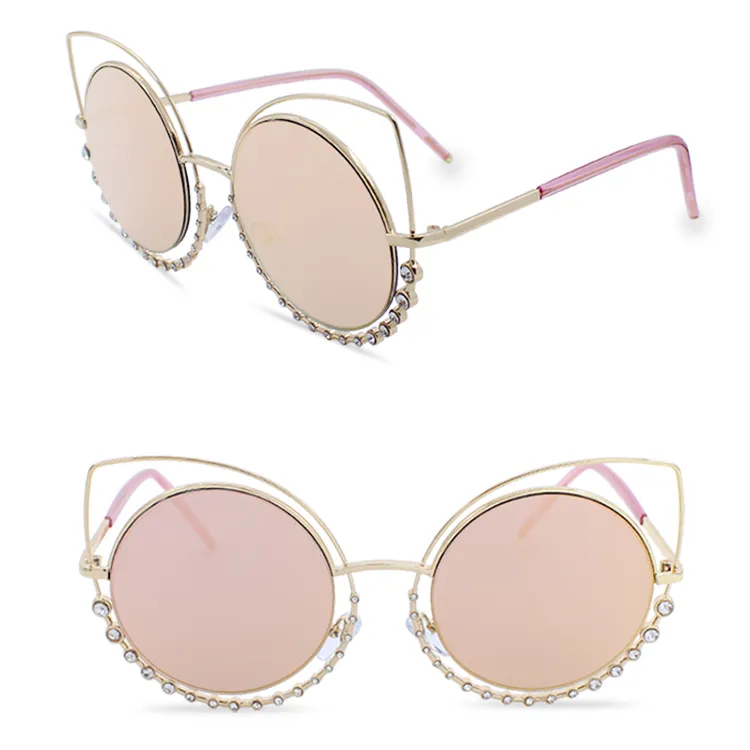 猫の目のサングラス女性のブランドデザイナーコーティングの反射鏡ダイヤモンドの装飾太陽メガネの金属の贅沢