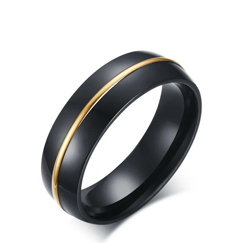 Mens Black Wedding Band Ring Jewelry 6mm 18k Gold Plated Channel with Arc Top and Polished Finish Edges R-195