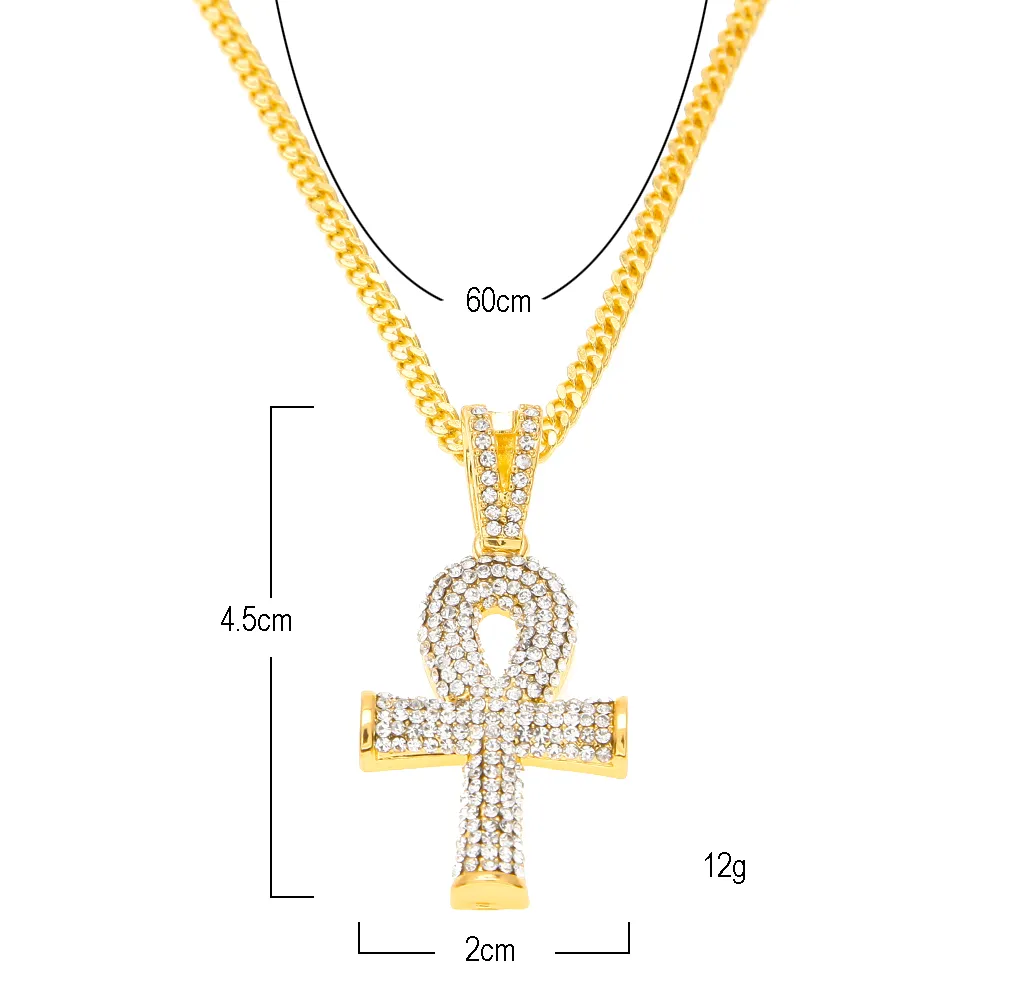 Hip Hop Gold Plated Cross Necklace Mens Full Iced Out Crystal Egyptian Ankh Key Pendant Necklace With 24'' Cuban Chain