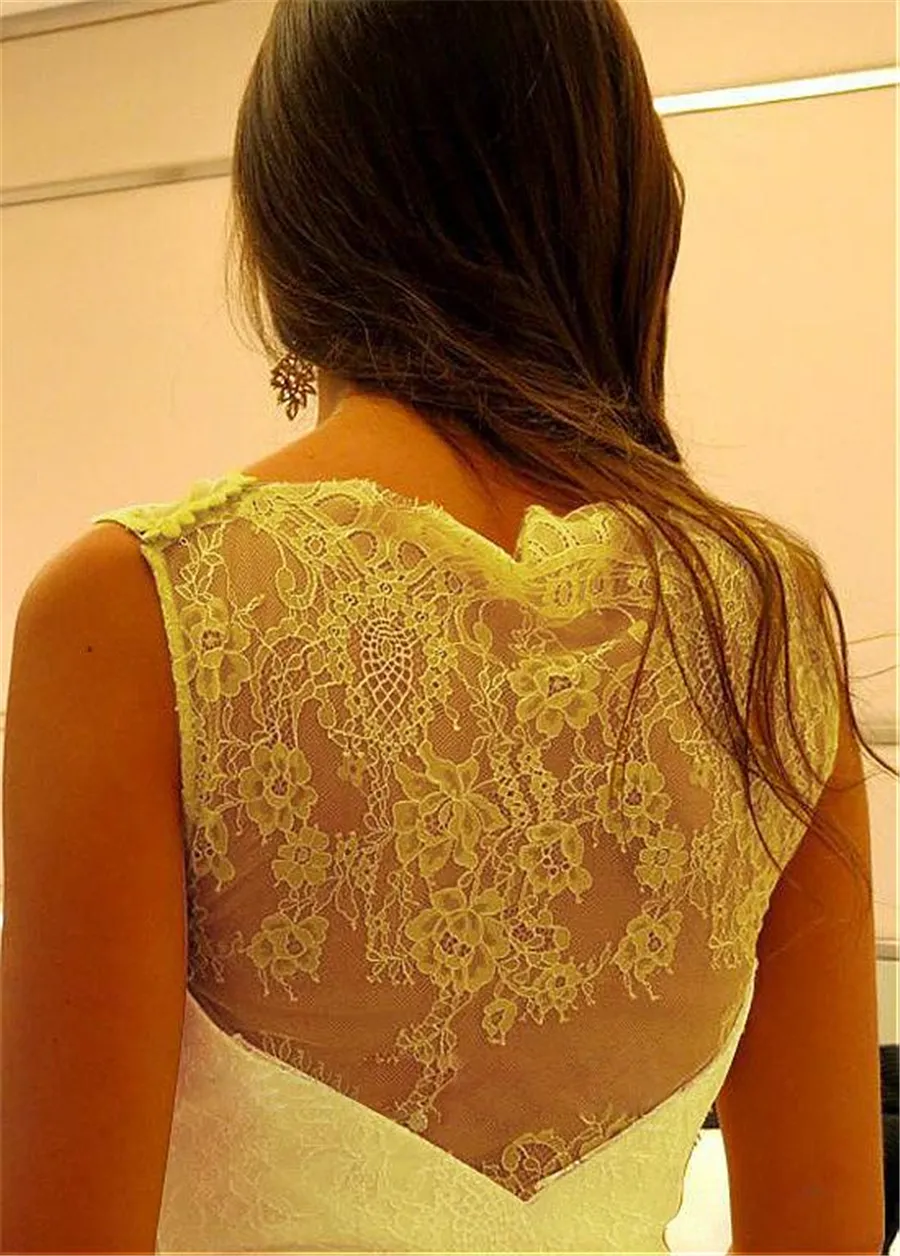 Elegant chiffon dentelle decollete bijou une ligne robe de bal avec strass strass Sash robe de soiree jaune Illusion Retour robes de gala