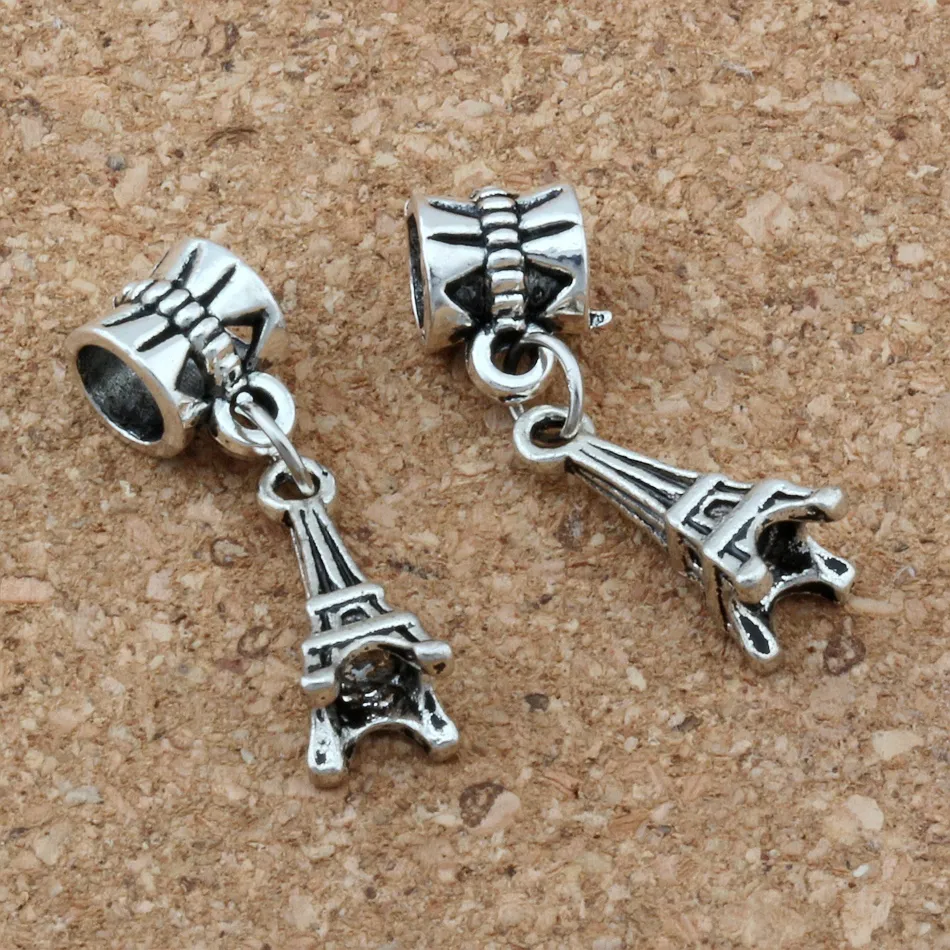 100 stks / partij Oude Zilveren 3D Eiffeltoren Charm Big Hole Kralen voor Sieraden Maken Armband Ketting Bevindingen 27x6.5mm A-120A