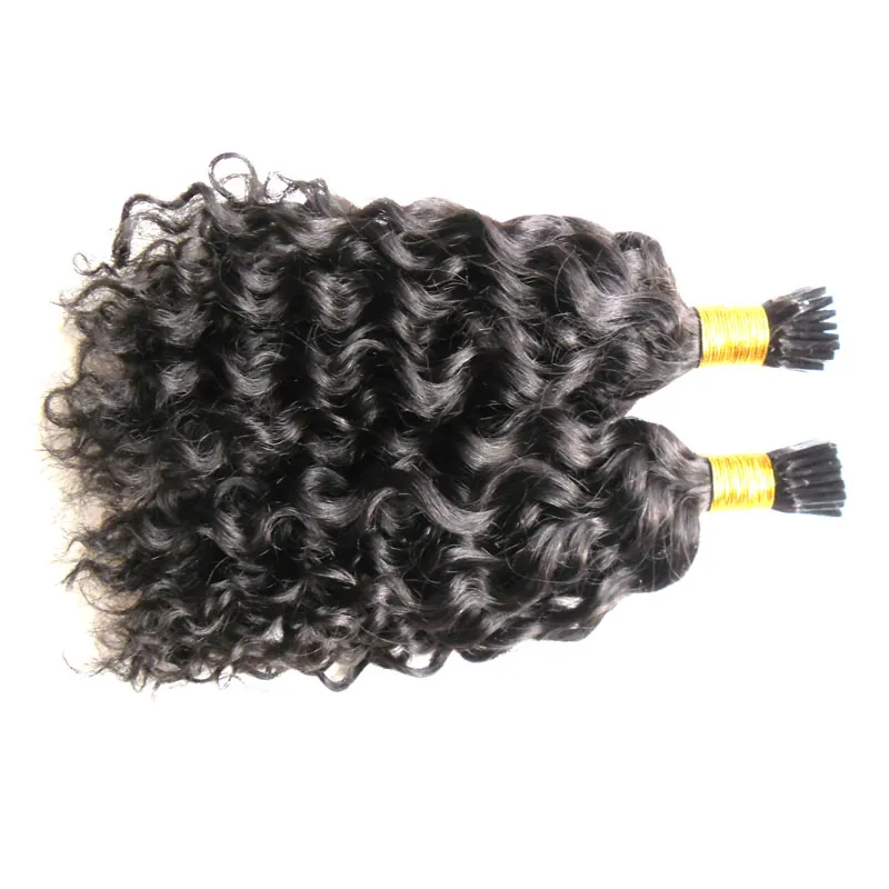 Natürliche Farbe, unverarbeitetes reines brasilianisches Haar, Keratin-Haarverlängerung mit Stabspitze, 100 g/Strähne, brasilianisches verworrenes lockiges Haar