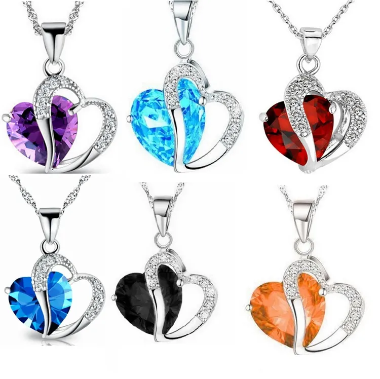 Women Fashion Heart Crystal Rhinestone Pendant Necklaces Silver colors Chain Pendant Necklace Jewelry 7 Color C035