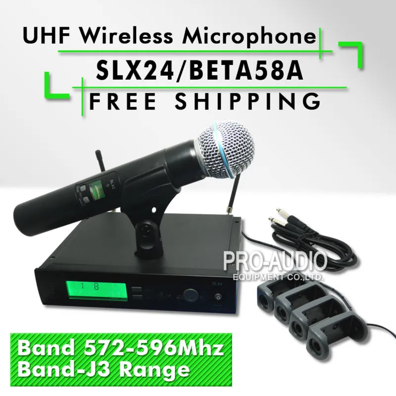 Frete grátis!! Profissional Microfone Sem Fio UHF SLX24 / BETA58 SLX Sem Fio 58A Handheld Sistema Karaoke Banda J3 572-596 Mhz