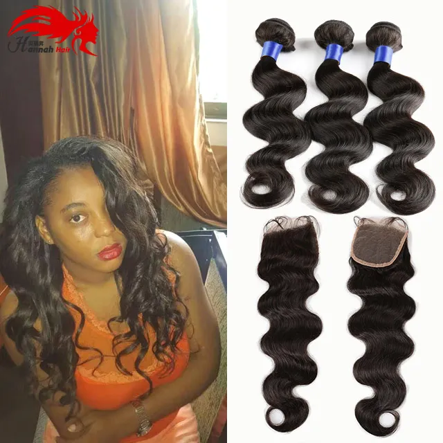 Hannah product BrazilianHair Bundles With Closure 10-26inch Double Weft Human Hair Extensions Dyeable Hair Weave Body Wave