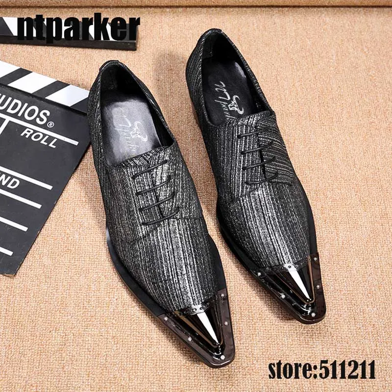 dress shoes with metal tip Snakeskin Men's Leather Dress Shoes Metal Pointed Toe Slip On Formal Punk Casual