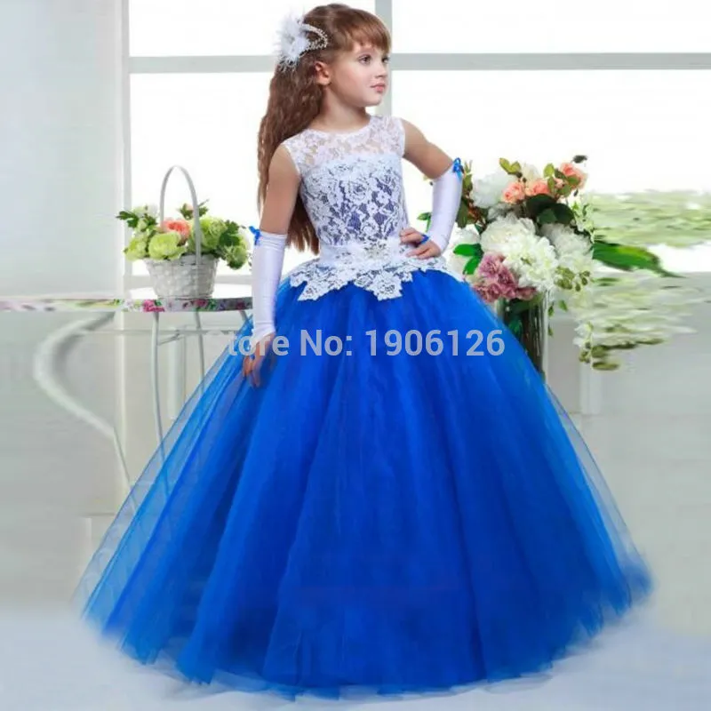 2019 NUOVO Royal Blue Abito lungo da comunione Abiti da spettacolo per bambine Bambini Frock Designs Tulle Lace Up Robe de soiree enfant fille