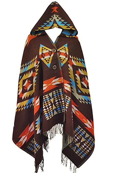 Dames Winter Aztec Hooded Tassel Etnische Boho Jacquard Button Poncho Cape Acryl Wol Sjaal 10 stks / partij