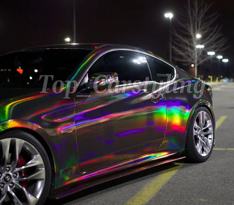 Neo Chrome kara holografik yanardöner araba sargısı vinil yapışkan sırt plastik tabela vinil film, hava kabarcığı ücretsiz boyut 1.52x20m rulo