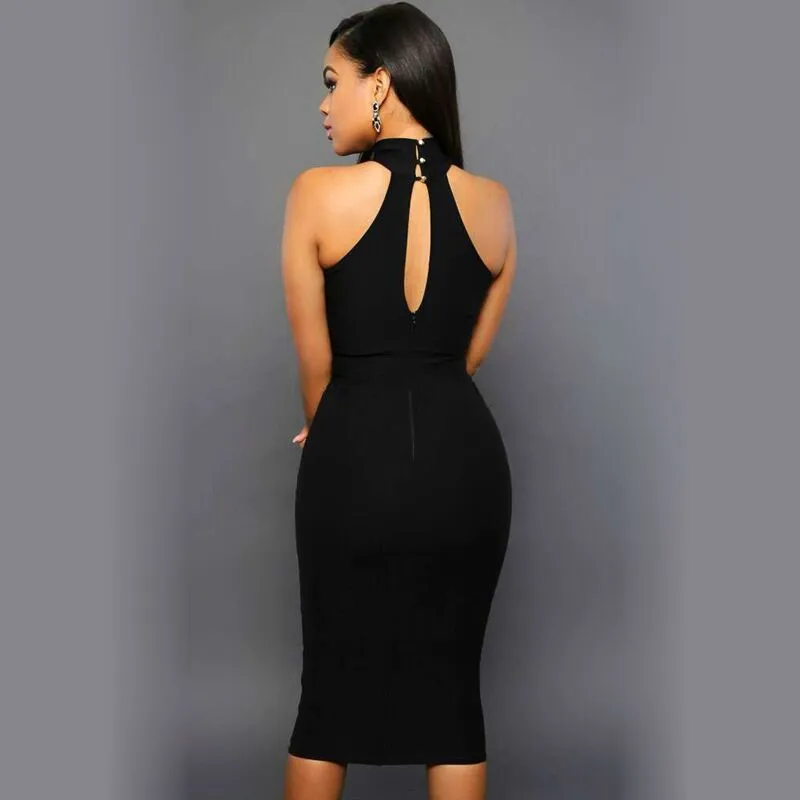 Sommar ärmlös midi bodycon klänning backless sexig kvinnor klänning klubb bär eleganta mesh festklänningar3011