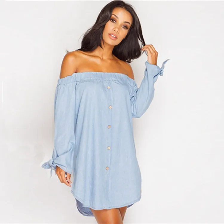 Denim Off the Shoulder Sukienka Kobiety Sexy Bowknot Button Wzburzyć Jeans Mini Dress Bardot Tunika Dorywczo Wakacje