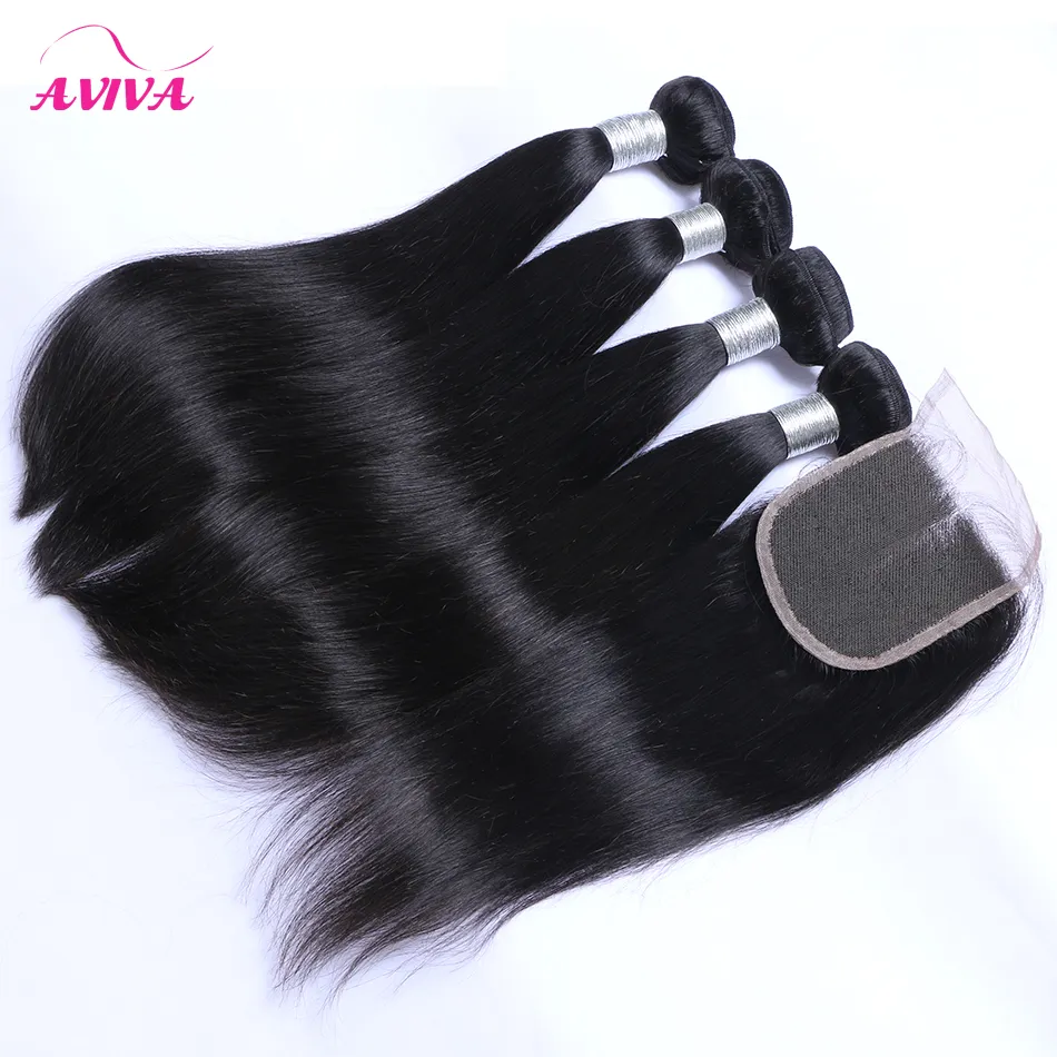 Extensions de cheveux humains vierges brésiliens droits lot Bundles avec fermeture 4x4 Moyen 3 parties Double trame Dyeable8634707